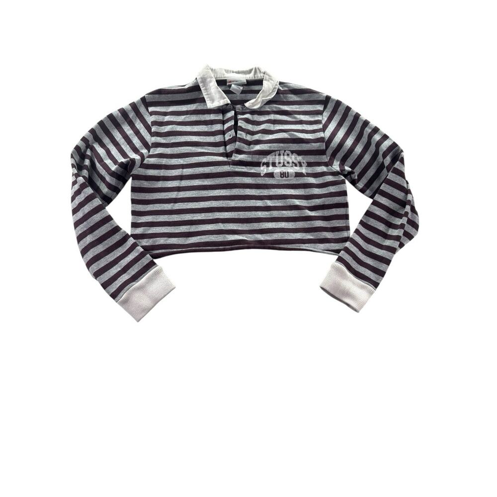 Stussy Rugby Polo Shirt Womens Sz Small Cropped Striped Streetwear Y2K 90s *READ